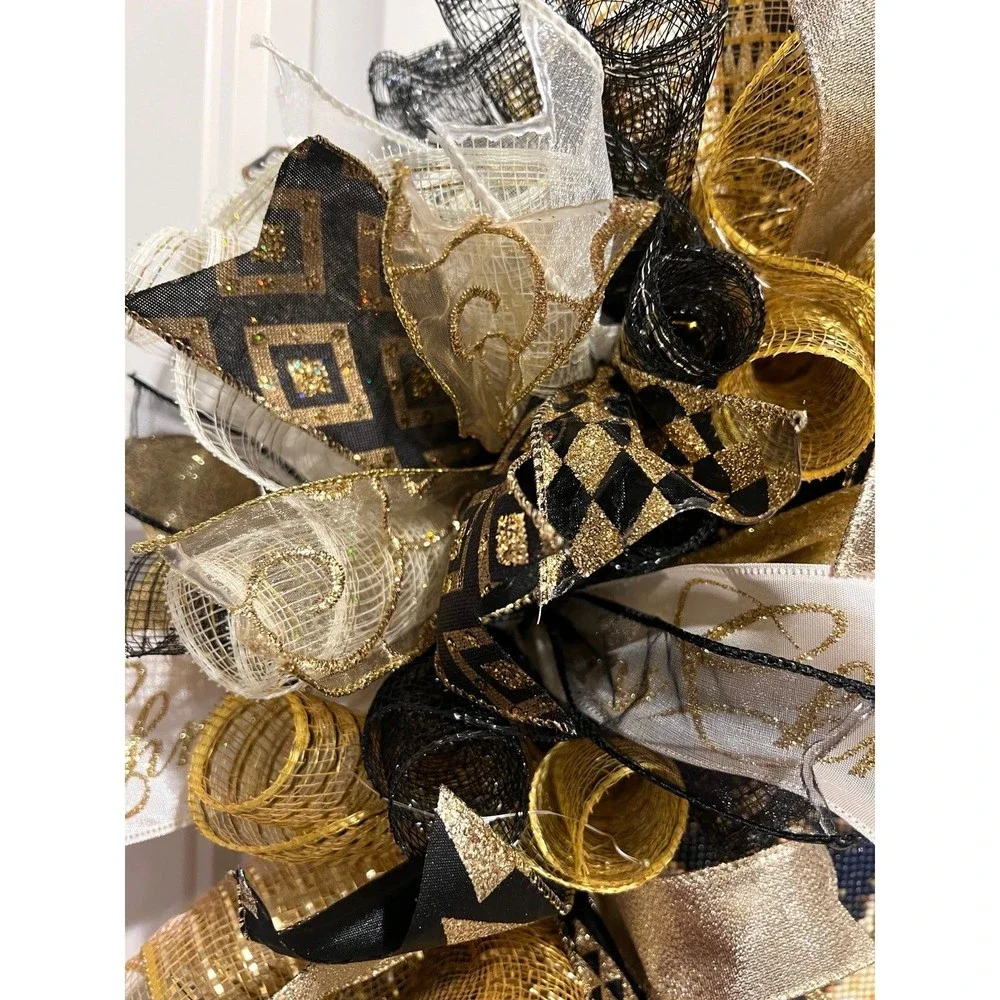 Handmade Christmas Tree Diamond Art Ribbon Door Wreath 22 ins LED W38 Gold Black